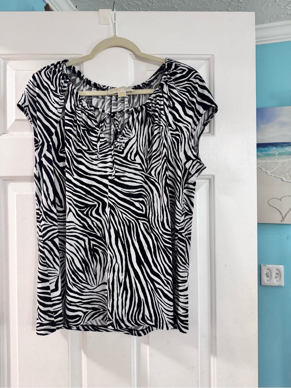 Michael Kors Zebra Print Tie-Neck Cap Sleeve Blouse in Black & White